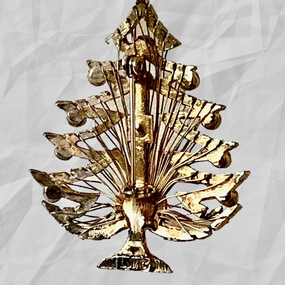 Vintage LJM Christmas Tree Pin Brooch Rhinestones Wire Harp Design Signed FLAWS